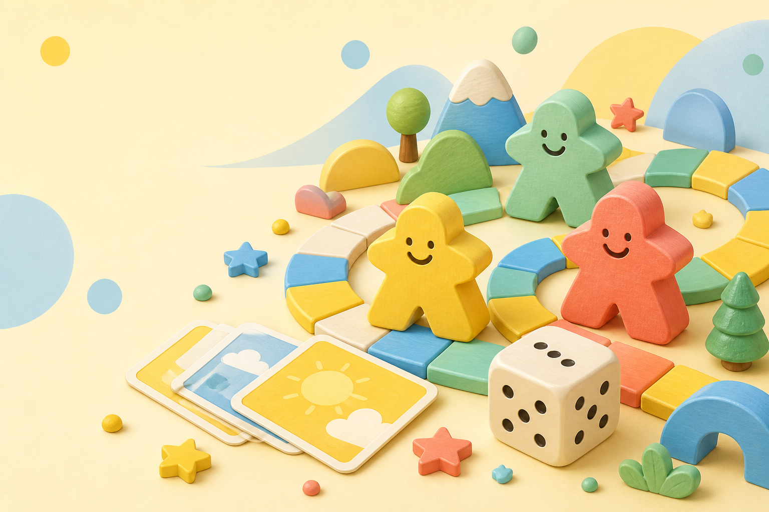Peões coloridos, dado, cartas e uma trilha de brinquedo